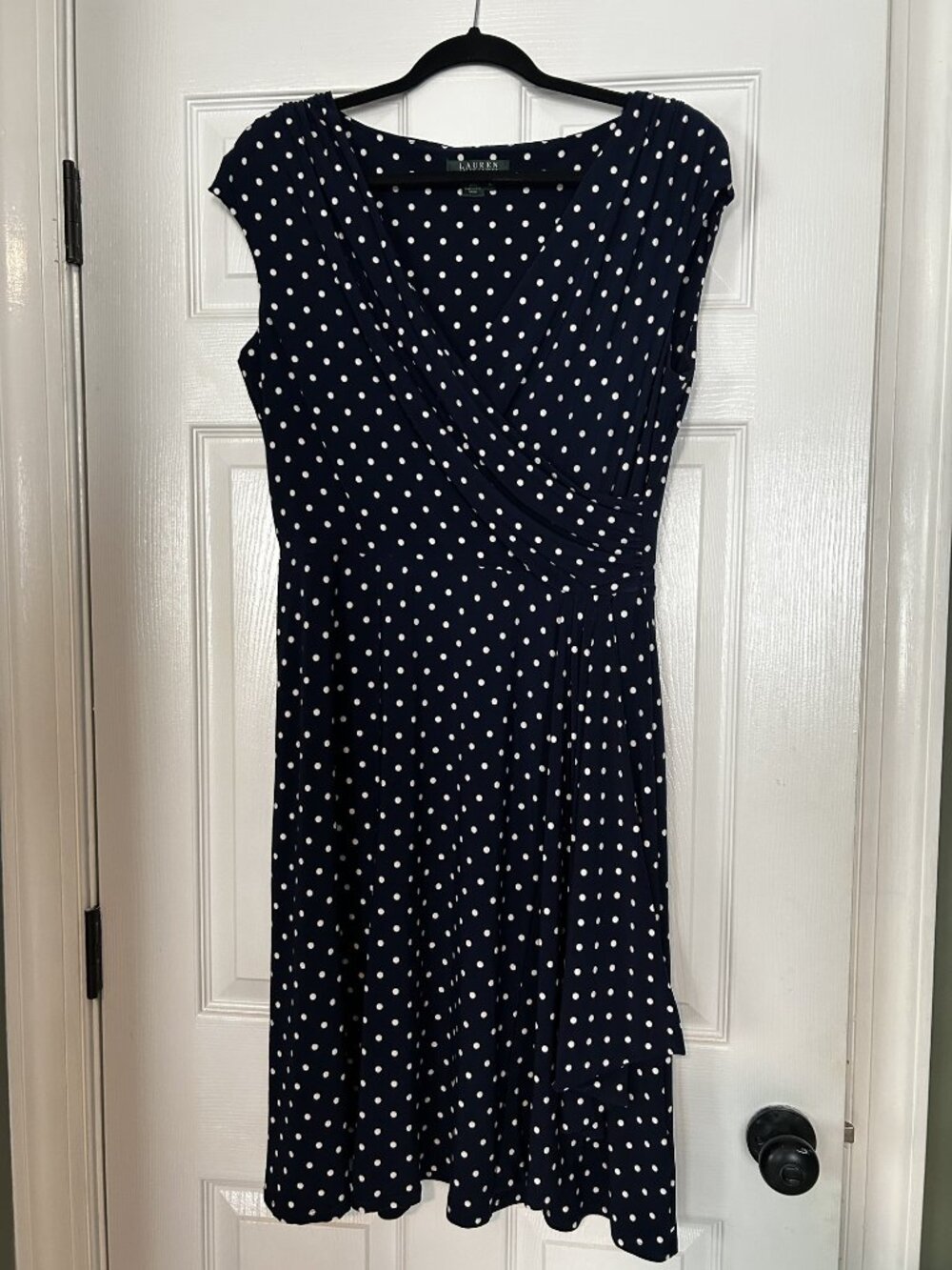 Lauren Ralph Lauren Navy White Polka Dot Faux Wrap Dress Cap Sleeve Size 14